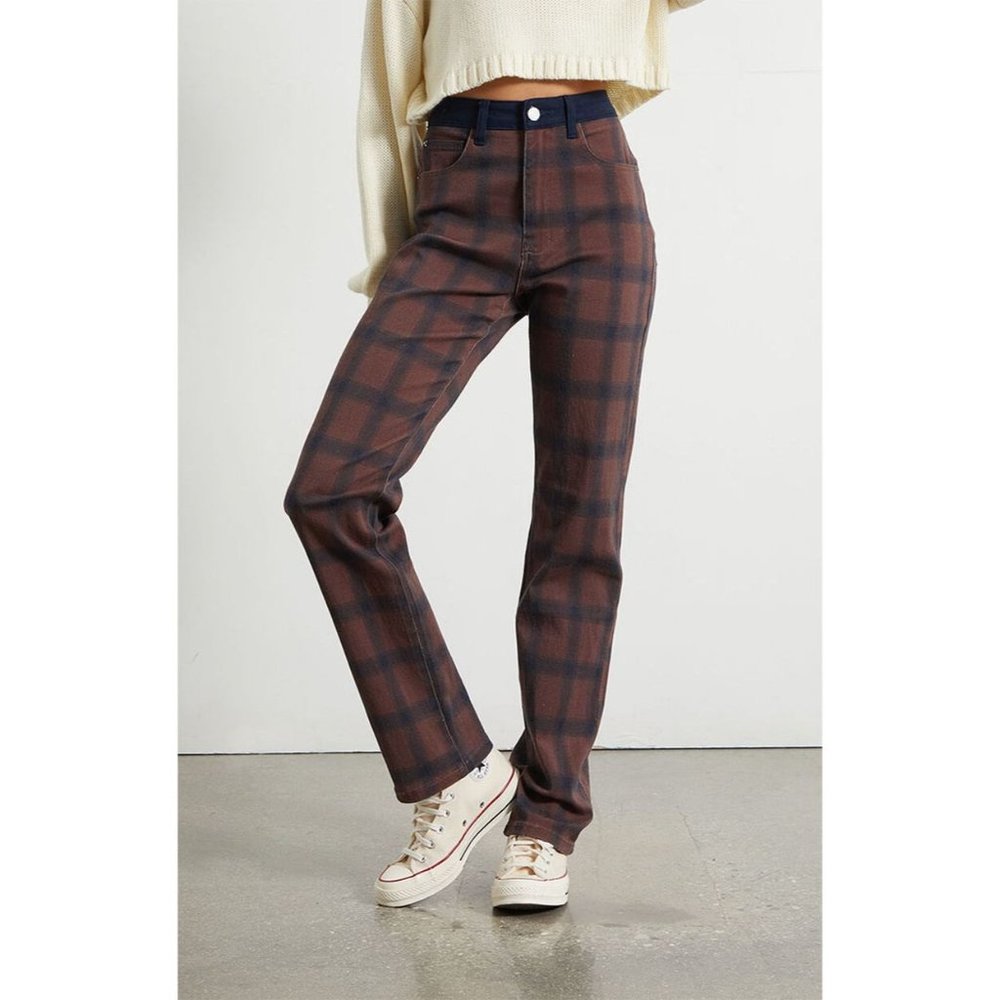 WeWoreWhat NWT Plaid Colorblock Icon Jeans in Cocoa/Navy size 25